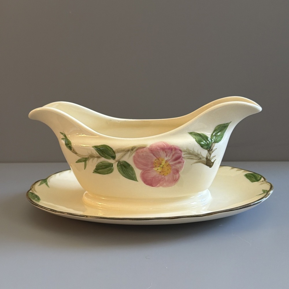 Vintage 1960s Franciscan Earthenware "Desert Rose" Gravy Boat w/ Attached Plate